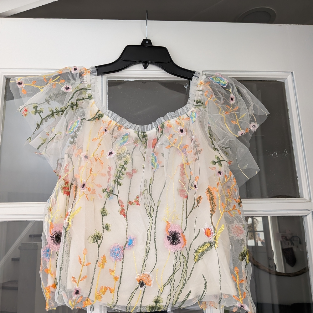 Lucy Paris Sheer Blouse with Floral Embroidery